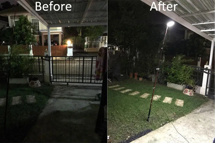 White LED fishing rod light unit with remote control, mounted on a rod for night fishing illumination.