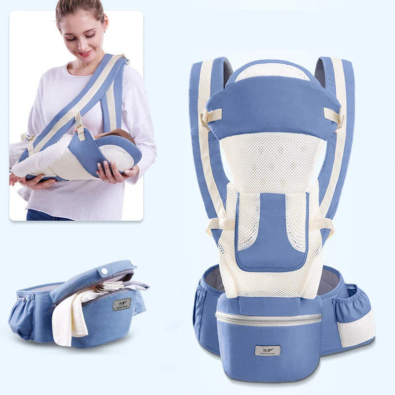 Versatile 3-in-1 baby carrier with 15 carrying positions, adjustable sunshade, and storage compartment for convenient parenting