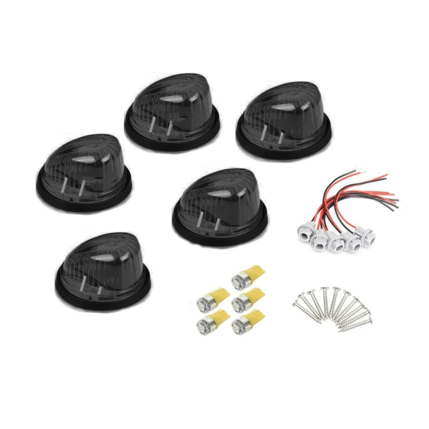GR-model LED roof cab light kit showing yellow, transparent, and smoked black polycarbonate lenses with bases and bulbs.