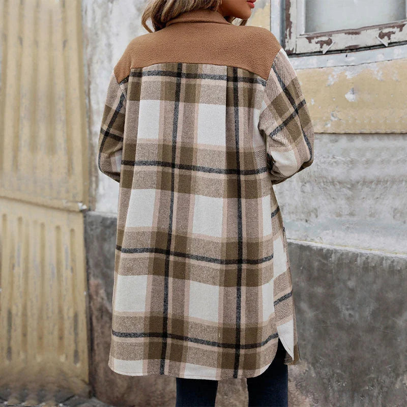 Stylish brushed plaid long coat with pockets, available in coffee, grey, and wine red colors