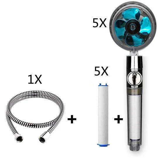 A high-pressure handheld shower head with a turbo-charged water flow and a cotton filter for a luxurious, spa-like bathing experience.