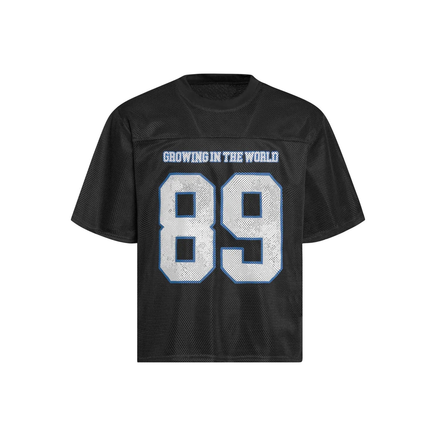 Black loose-fit casual T-shirt with white alphanumeric graphic printing on the front.
