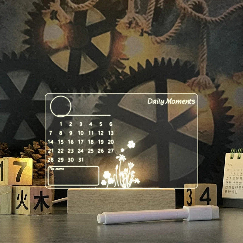 Customizable LED message board with warm lighting, acrylic design, and included erasable pen for personalized notes and artwork