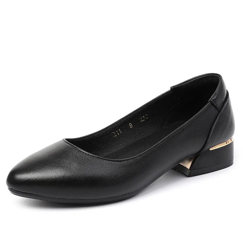 Beige cowhide flat pointed casual low-cut shoes with a buckle fastening and rubber sole