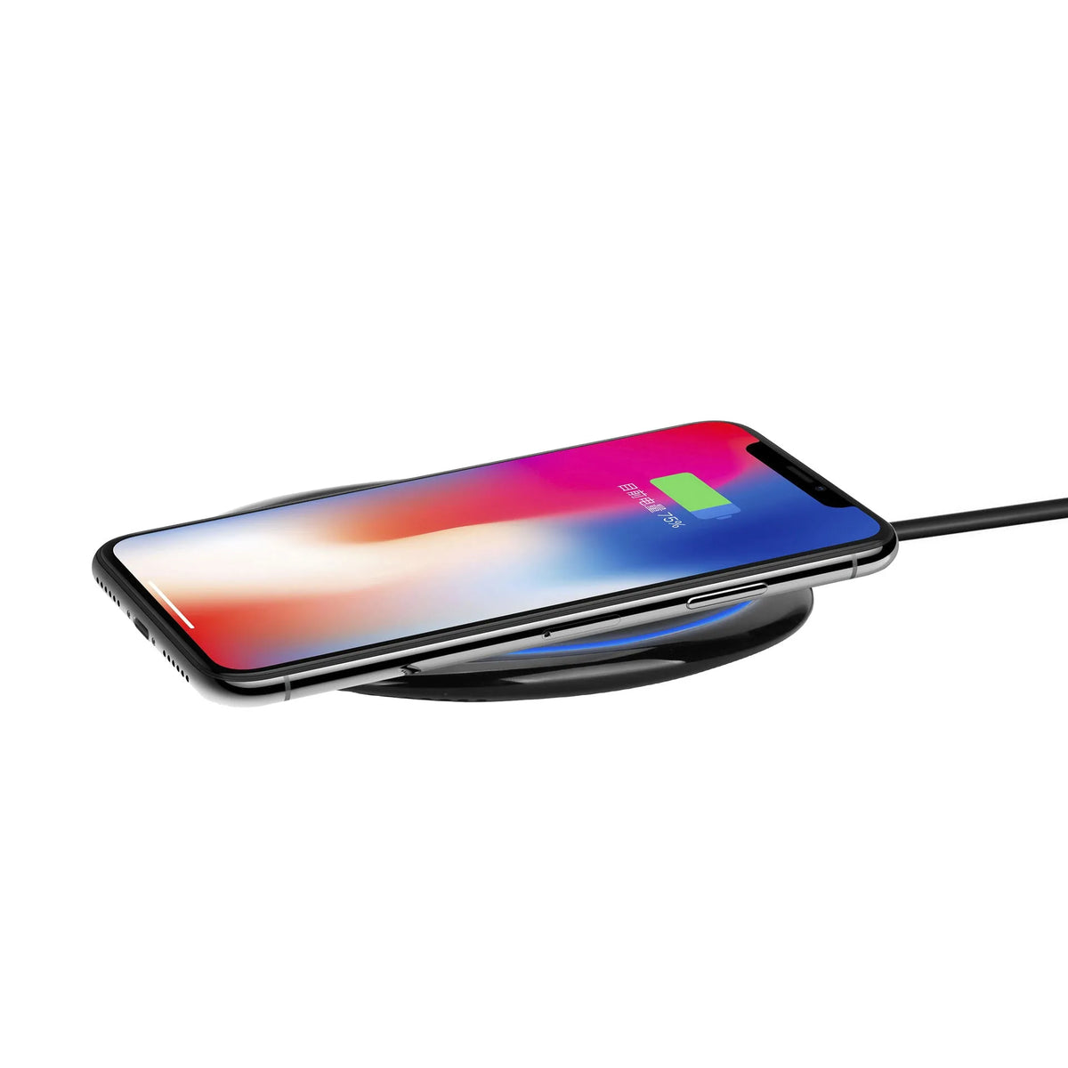 Black 15W fast wireless charger with glossy flat surface, Micro USB, for Apple and Huawei phones