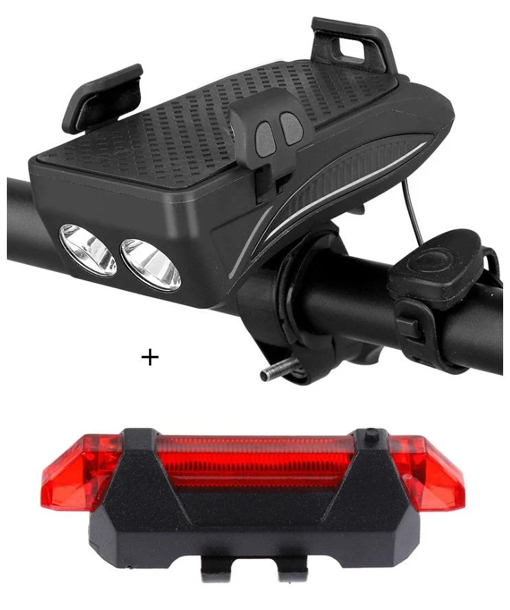 Multifunctional bike mount with horn, lights, and adjustable phone holder for secure storage and charging on the go