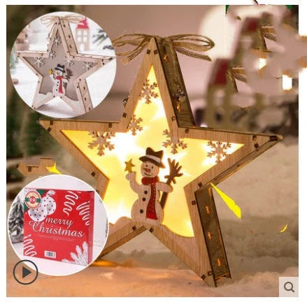 Wooden Christmas ornaments with luminous five-pointed star designs in various festive motifs, including snowmen and deer