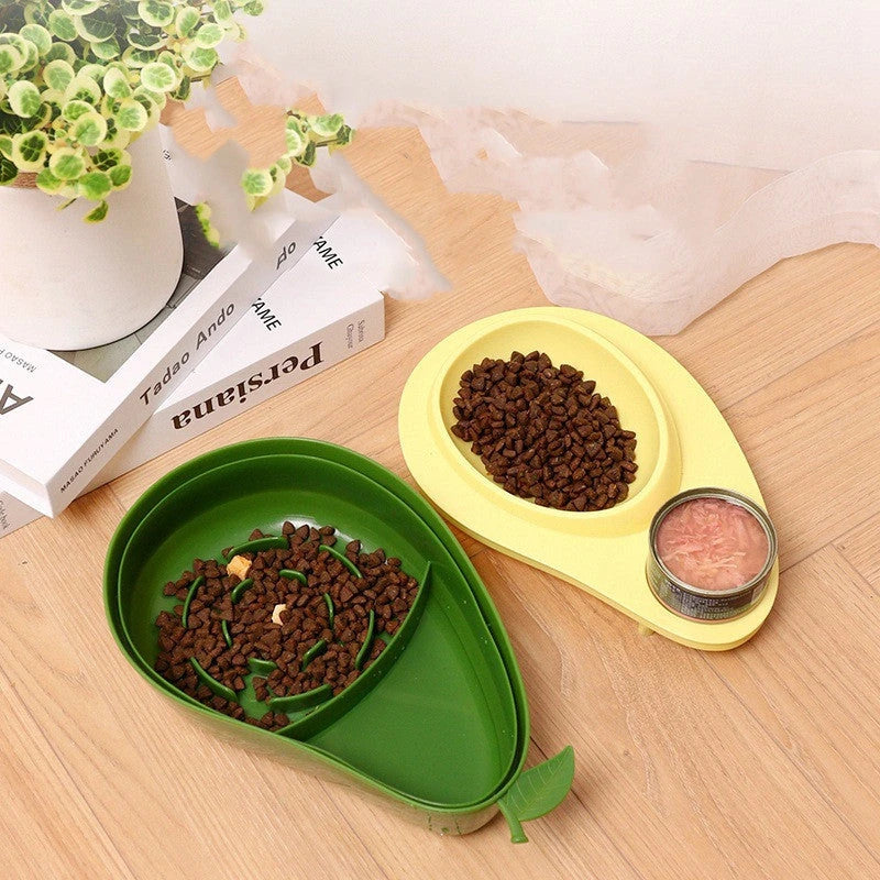 Avocado-shaped automatic pet food and water dispenser for dogs and cats, featuring a raised feeder, slow-feed bowl, and adjustable water flow
