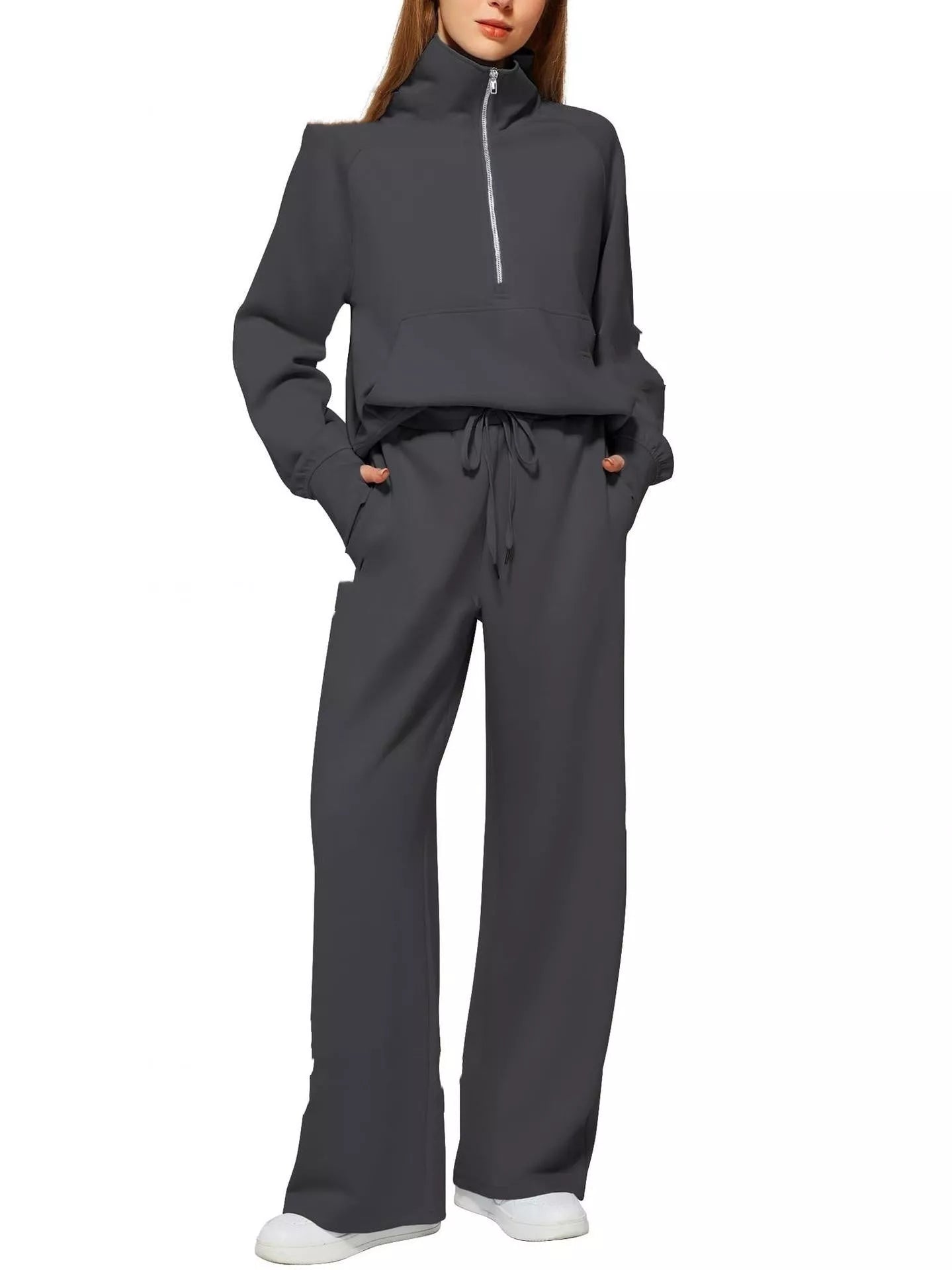 Women's solid colour long-sleeved sweater trousers suit in polyester, available in multiple colours and sizes.