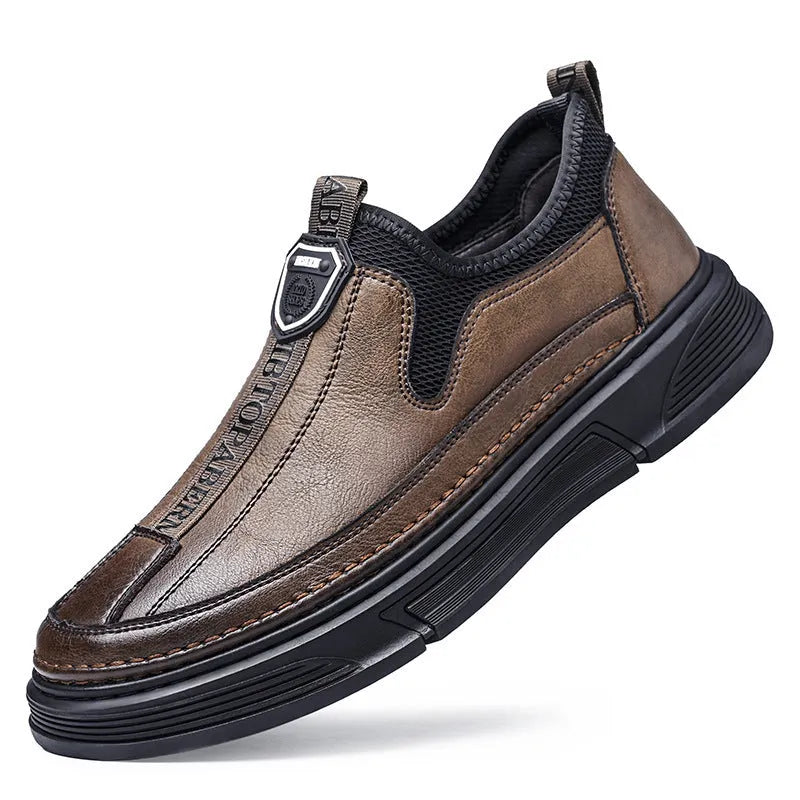 Men's black and brown leather casual shoes with round toe design