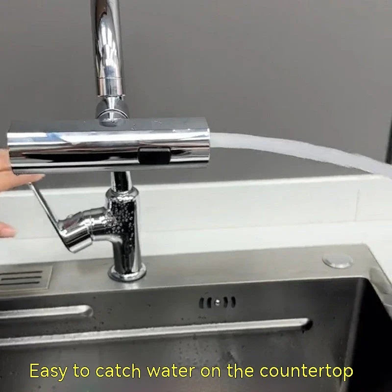 Premium waterfall kitchen faucet with versatile water modes, including waterfall, strong pressure, scraper, and gentle shower settings