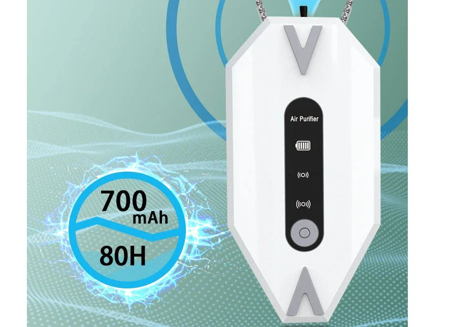 Compact rechargeable air purifier necklace with adjustable negative ion settings and long-lasting battery