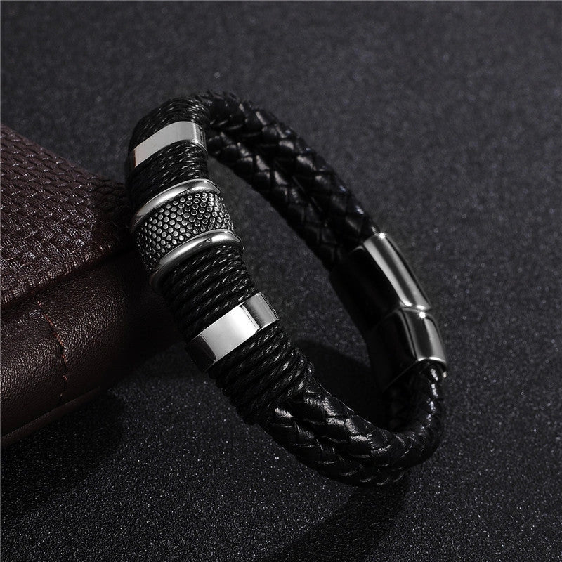 Men's black braid woven leather and titanium stainless steel bracelet