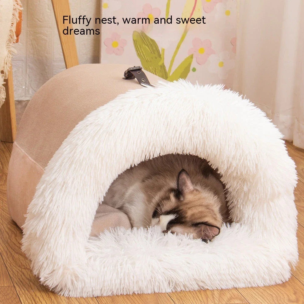 Cozy Portable Pet Nest for Dogs and Cats - Plush Autumn & Winter Retreat with Semi-Enclosed Design and Easy-Clean Plush Fabric