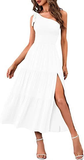 Elegant one-shoulder pleated maxi dress in various colours, featuring an asymmetrical hem and side slits for a stylish, head-turning look