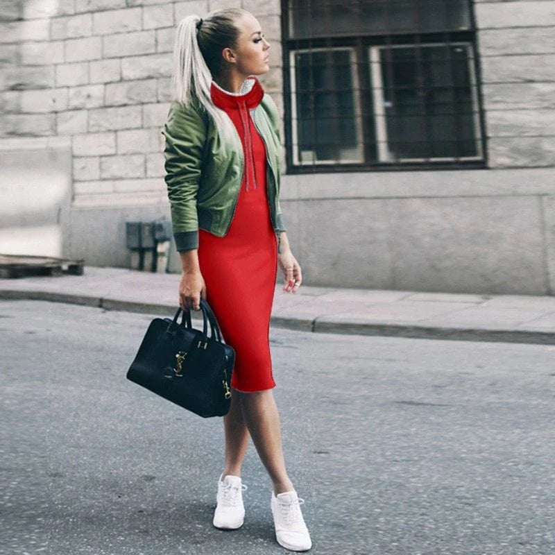 A high-collar long sleeve dress in various colors for casual and party wear