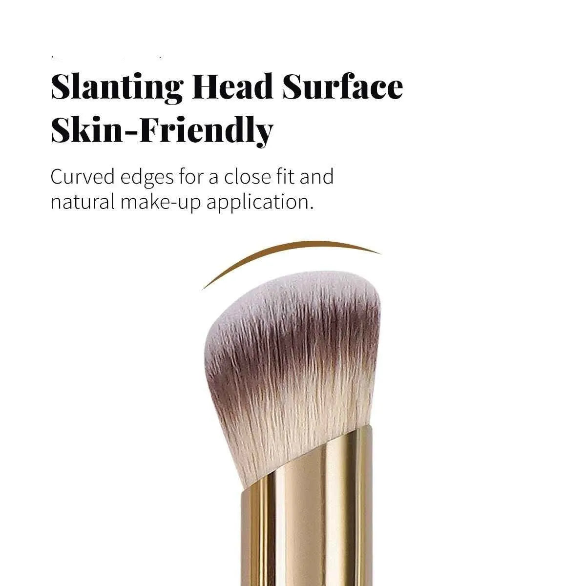Apricot-coloured angled blush brush and four other synthetic makeup brushes on a white background
