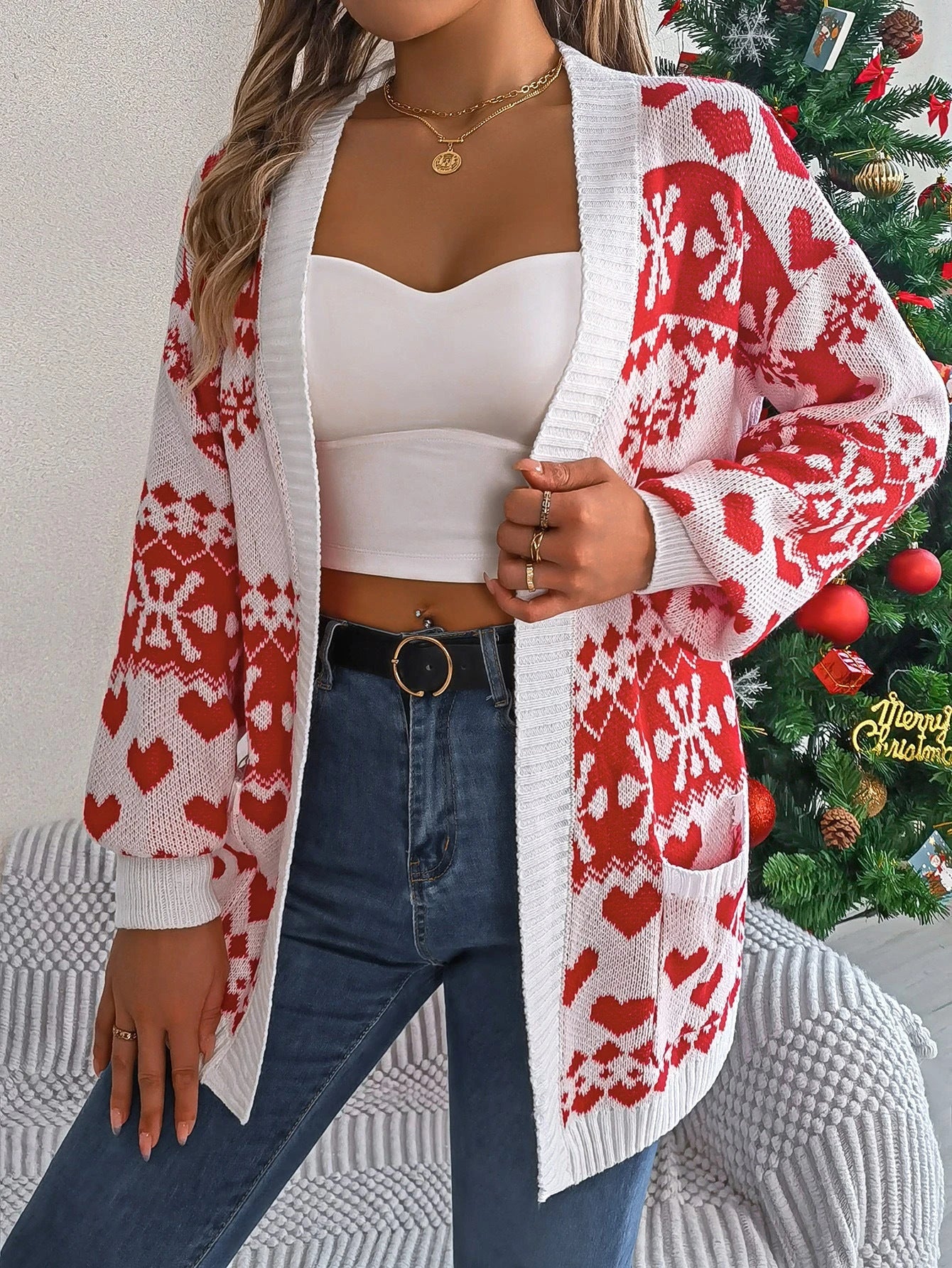 Women's open-front Christmas cardigan with festive deer print, available in red, green, and white colors