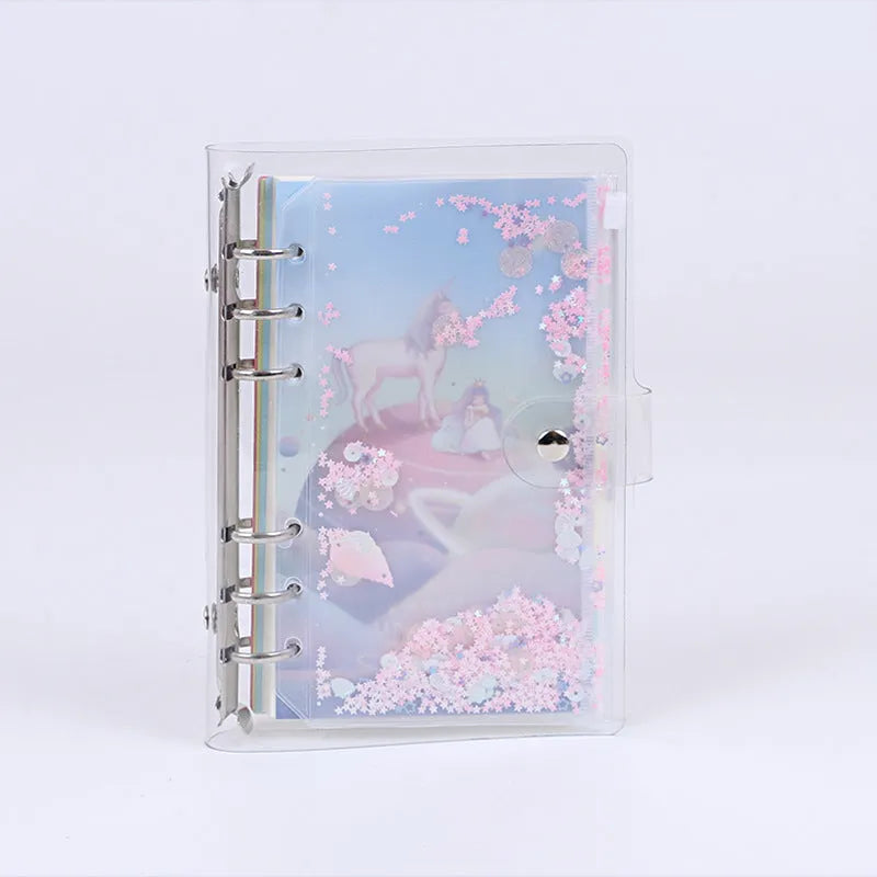 Metal loose leaf binder with PVC cover in blue or pink, showing side storage bag.