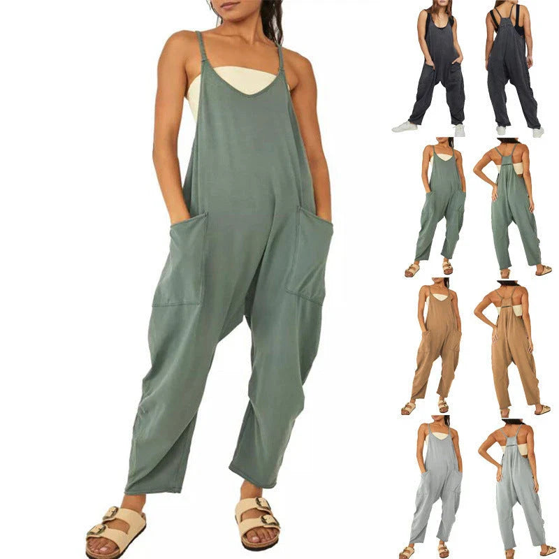 A stylish sleeveless jumpsuit with pockets and zipper closure, available in a variety of colors