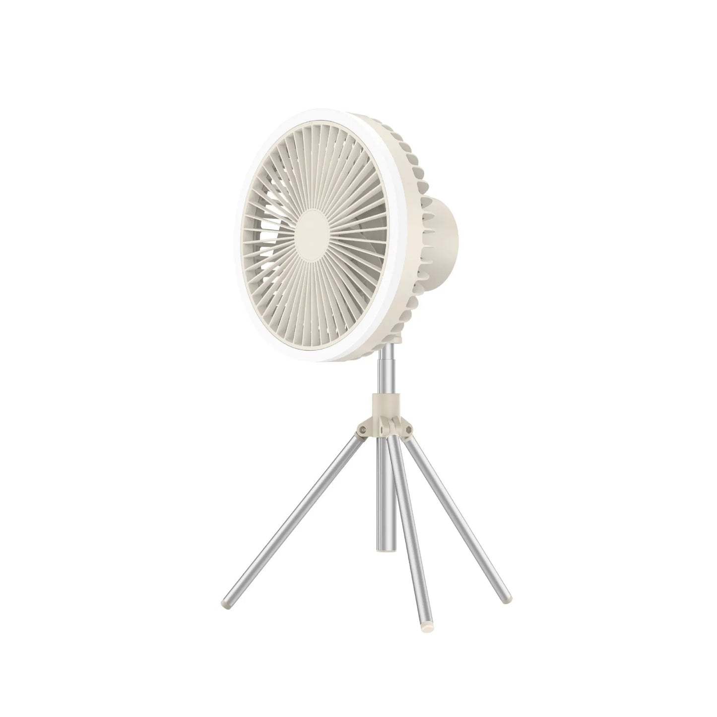 White camping fan mounted on aluminum tripod with Type-C charging cable