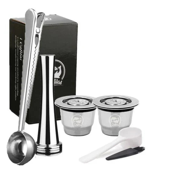Premium stainless steel coffee capsule shells with a sleek square design, perfect for home, office, and cafe use.
