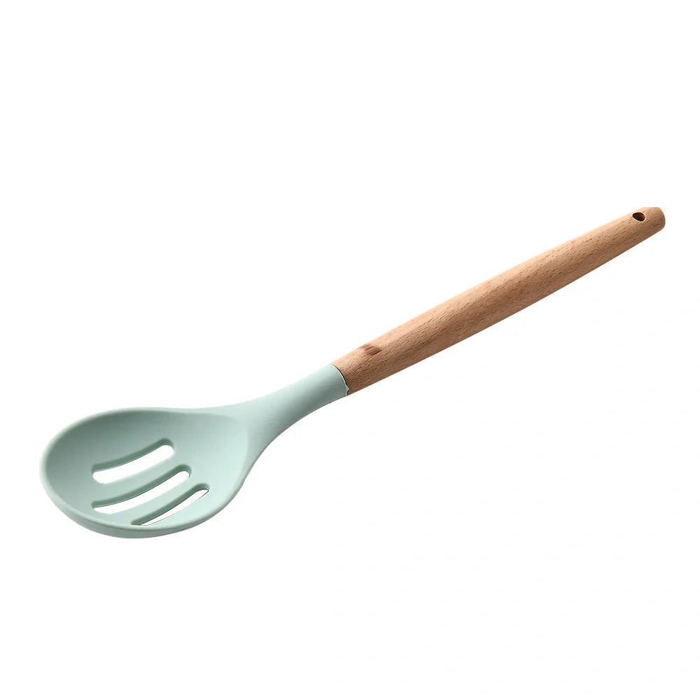 Premium silicone kitchenware set with wooden handle, ideal for cooking and baking