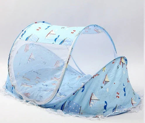 Breathable insect-free foldable baby travel cot with integrated mattress and pillow, available in blue, pink and blue-and-pink colour options