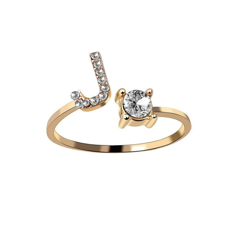 Personalized Initial Letter Crystal Ring with Adjustable Design in Gold, Silver, and Rose Gold Colors