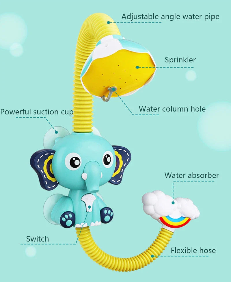 Cheerful elephant-shaped bath spray toy with adjustable 360-degree water spray for kids' fun and sensory development during bath time