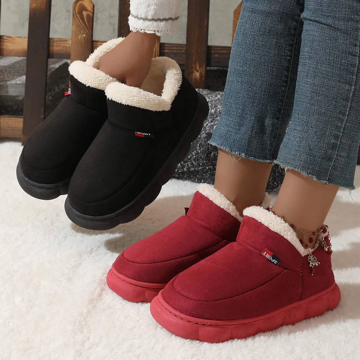 Cosy velvet house slippers for men and women, featuring plush velvet upper, suede lining, and durable rubber soles
