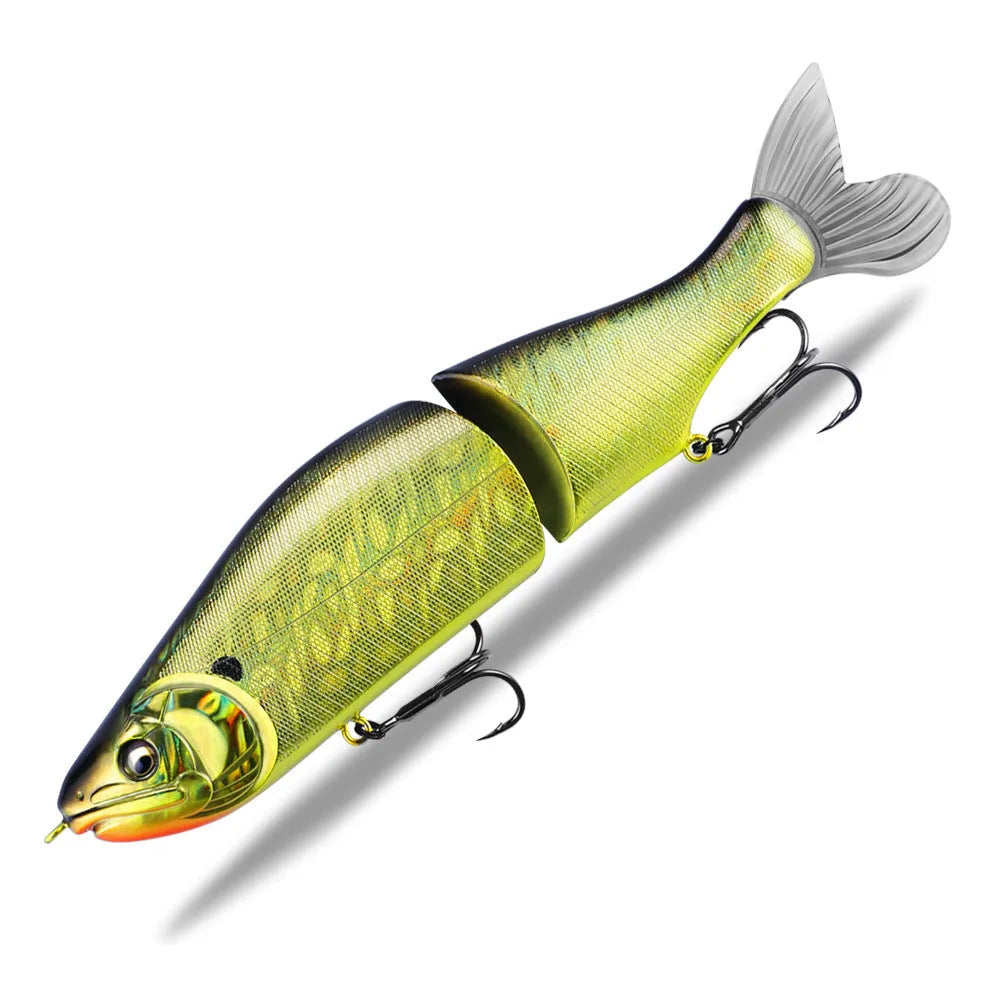 A 185mm hard plastic fishing swim bait in a natural green colour with detailed scales and 3D eyes.