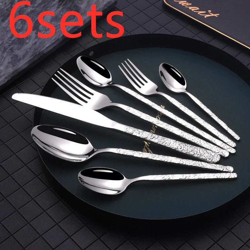 Premium embossed steak cutlery set with textured handles and mirror polish