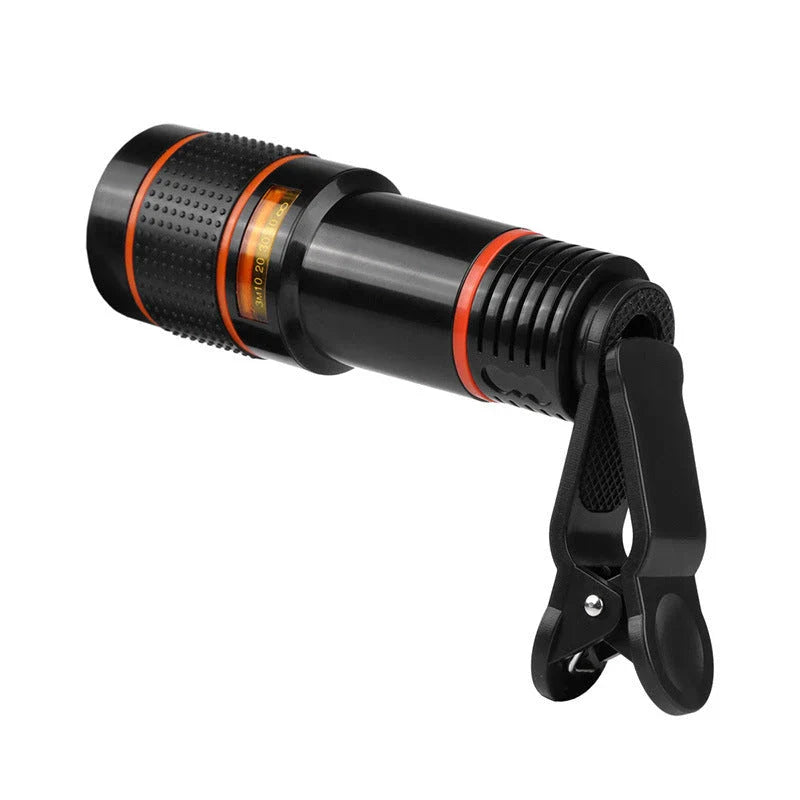 A close-up photograph of a telescope lens attached to a smartphone, capturing a distant subject with impressive clarity and detail.