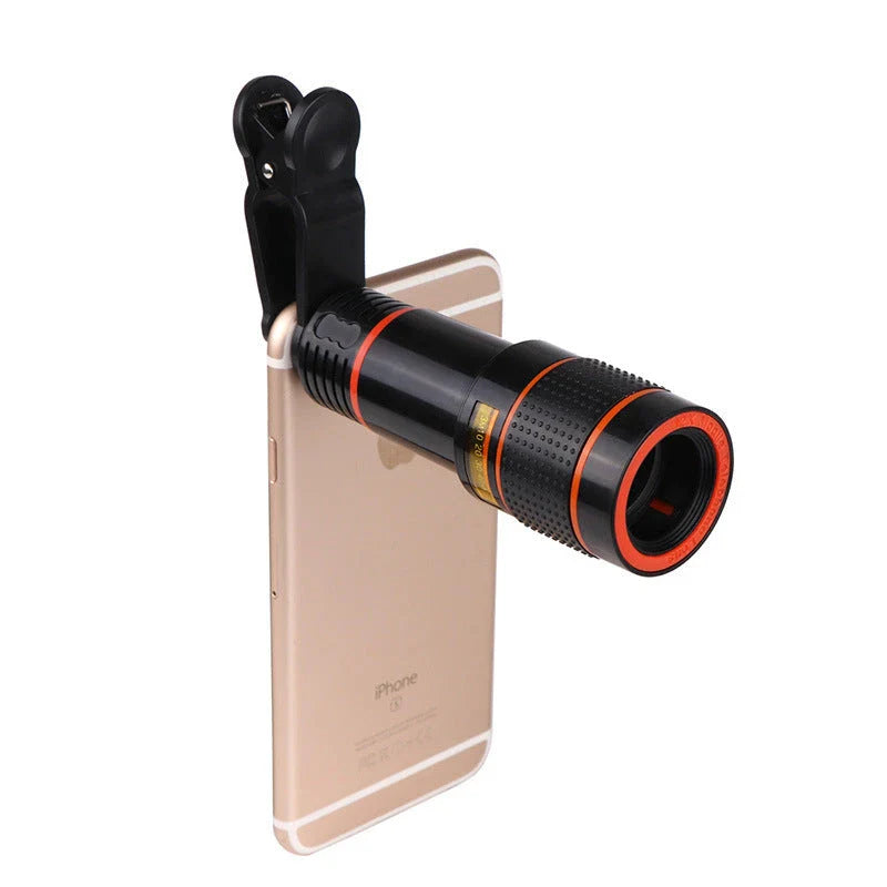 A close-up photograph of a telescope lens attached to a smartphone, capturing a distant subject with impressive clarity and detail.