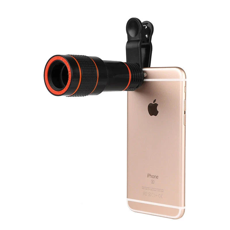 A close-up photograph of a telescope lens attached to a smartphone, capturing a distant subject with impressive clarity and detail.