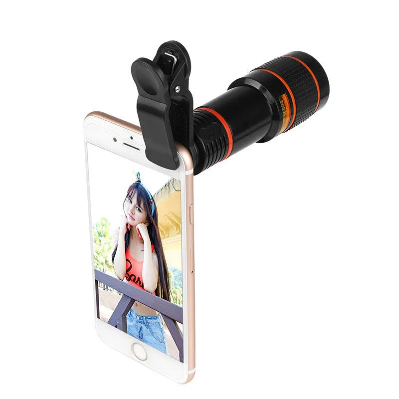 A close-up photograph of a telescope lens attached to a smartphone, capturing a distant subject with impressive clarity and detail.
