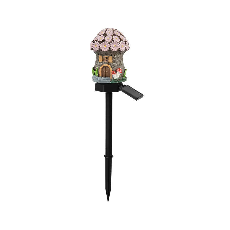 Flower-shaped solar garden light with resin housing for outdoor decorative lighting.