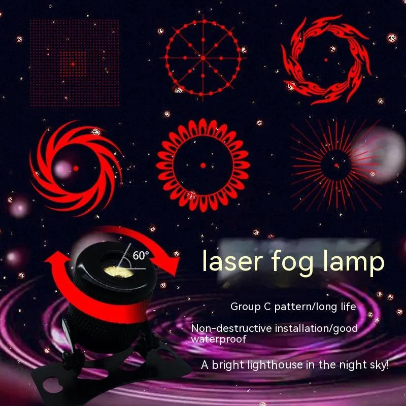 Aluminium laser fog lamp for car or motorcycle with red beam and mounting hardware.