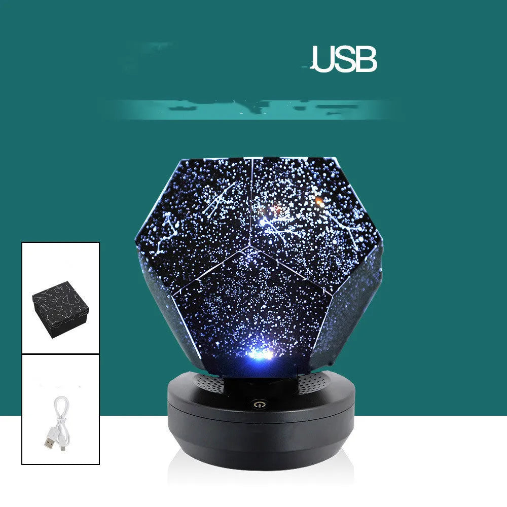 Plastic starry sky projection night light showing constellations on a bedroom ceiling, with remote control.