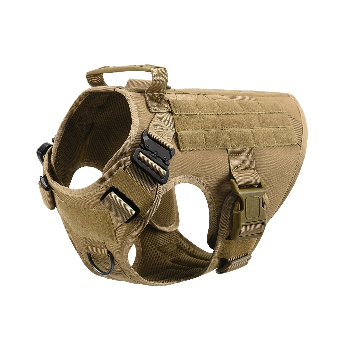 Premium tactical dog harness with reinforced metal buckles, customizable morale patches, and a top handle for control and lifting.