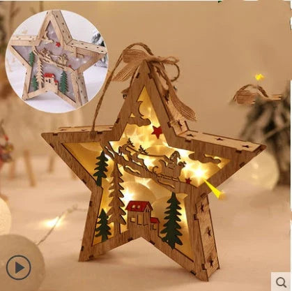 Wooden Christmas ornaments with luminous five-pointed star designs in various festive motifs, including snowmen and deer