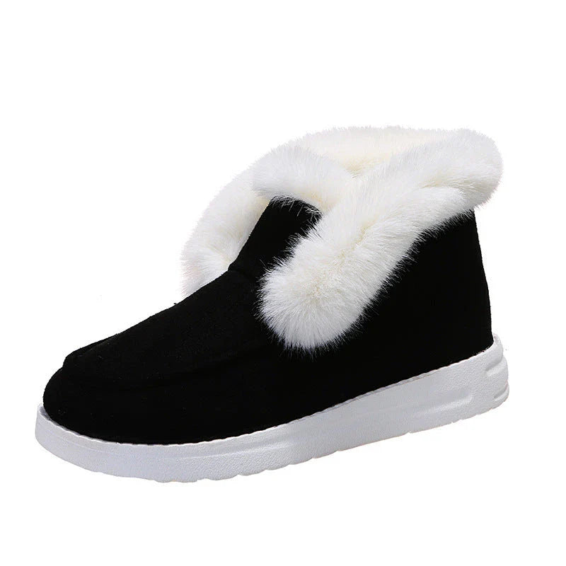 Cozy Winter Ankle Boots for Women in Black, Grey, and Brown colors with plush fur lining and low-heel design