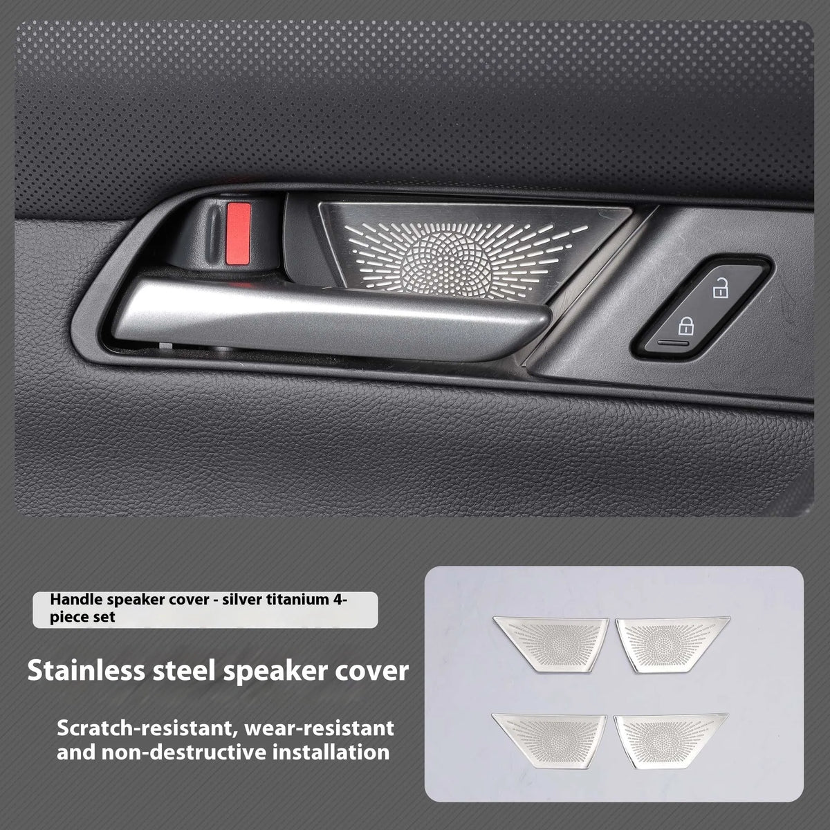 Stainless steel horn cover for Mazda CX50 with adhesive backing, shown in Black Titanium or Silver Titanium finish