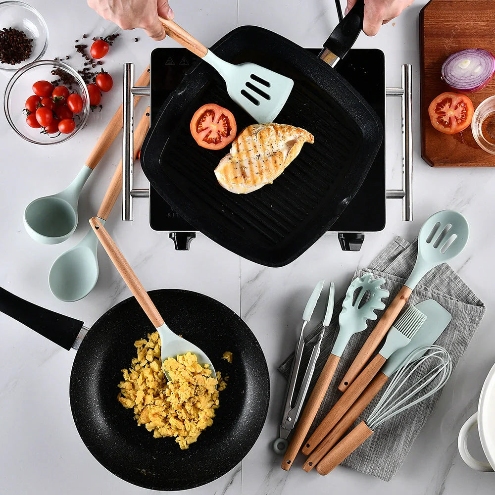 Premium silicone kitchenware set with wooden handle, ideal for cooking and baking