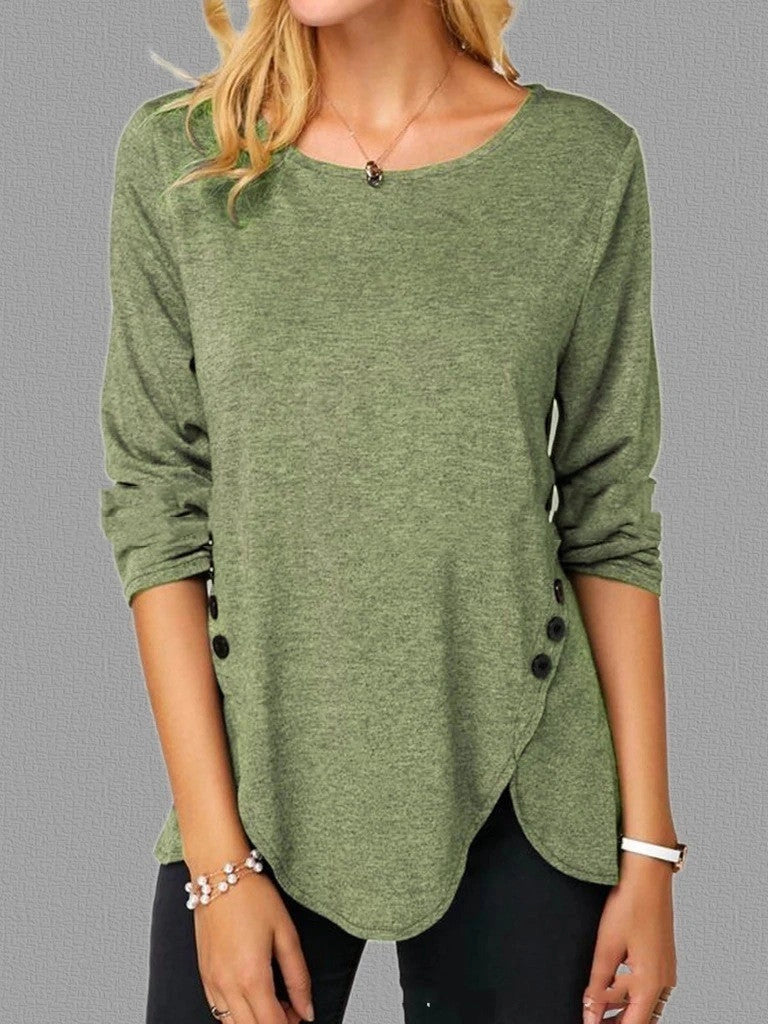 Oversized cotton T-shirt with unique irregular button hem design in various colours