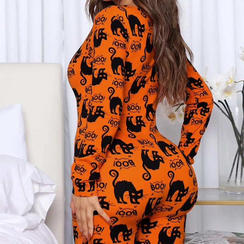 Cozy and stylish Halloween-themed pajama jumpsuit with long sleeves and a variety of color options
