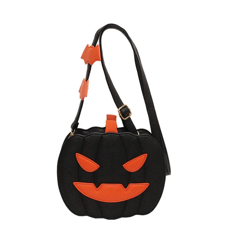 Pumpkin cartoon shoulder bag with adjustable strap and roomy interior, available in various Halloween-inspired colors