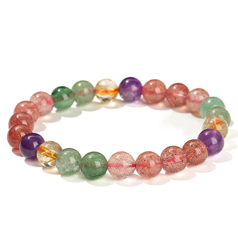 Natural strawberry quartz women's bracelet with round geometric beads in 7mm, 8mm, 9mm sizes.