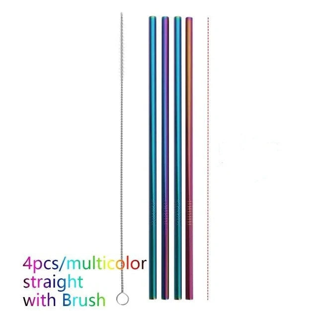Colourful reusable stainless steel drinking straws with cleaning brush, perfect for eco-friendly sipping.